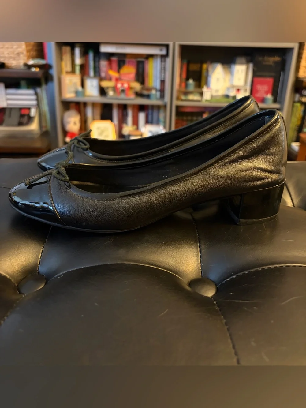 Cole Haan Black Leather Ballet Flats with Patent Toe and Bow